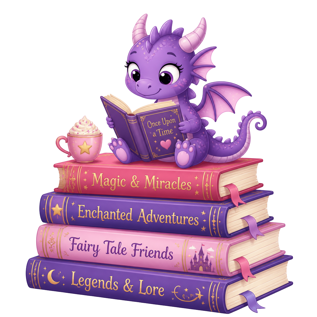 A friendly purple dragon reading on a stack of pink and purple storybooks