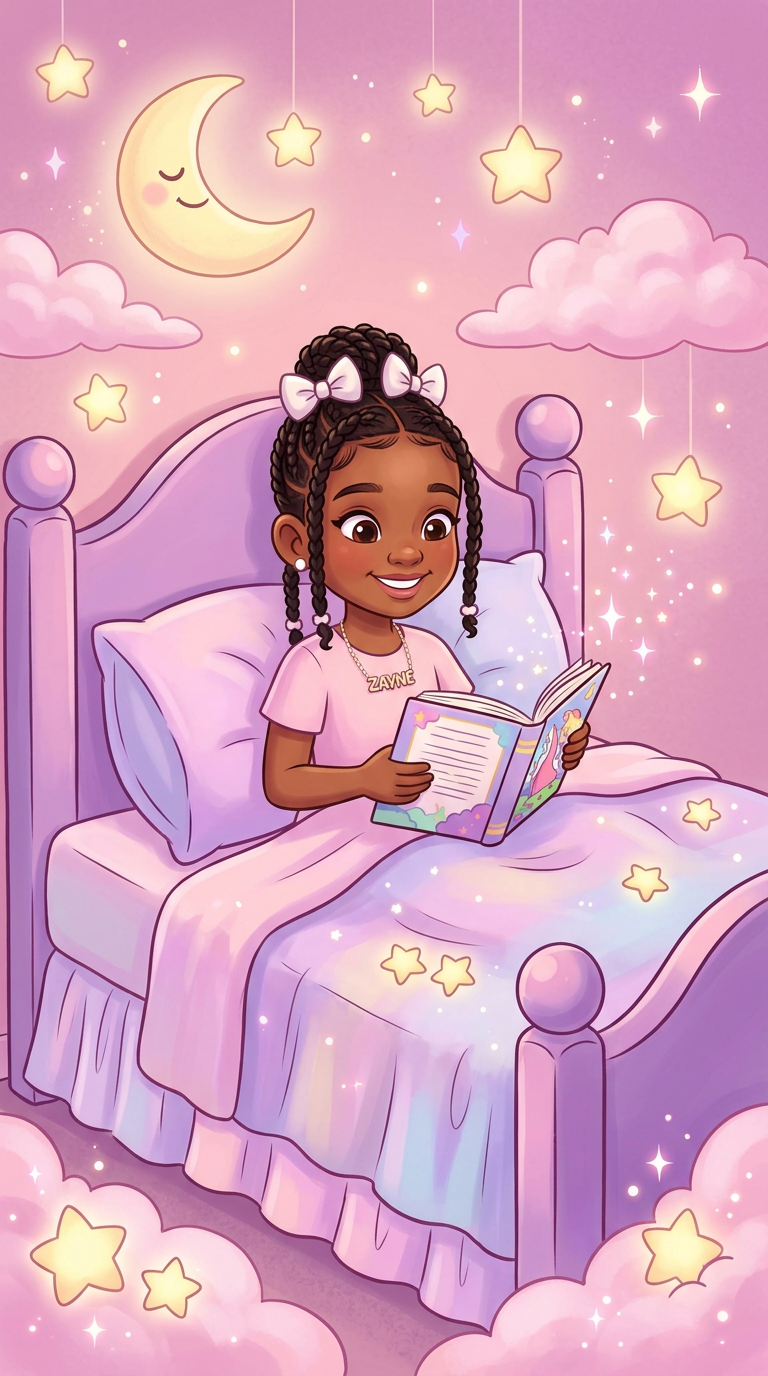 Cartoon illustration of Zayne reading a bedtime story in a cozy bed surrounded by stars and a smiling moon