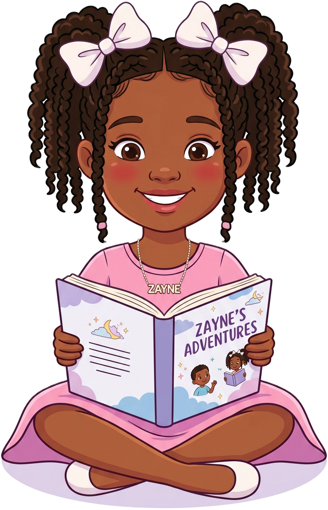 Cartoon illustration of Zayne, a smiling young girl with braided pigtails and white bows, reading her storybook